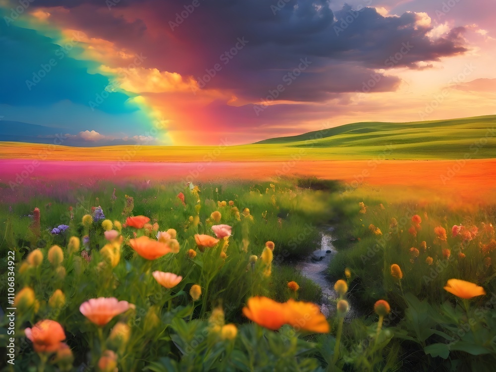 Obraz premium A vibrant landscape showcases a colorful field of flowers under a dramatic sky with a vivid rainbow arching above. The lush greenery contrasts with the deep hues of twilight, creating a serene scene