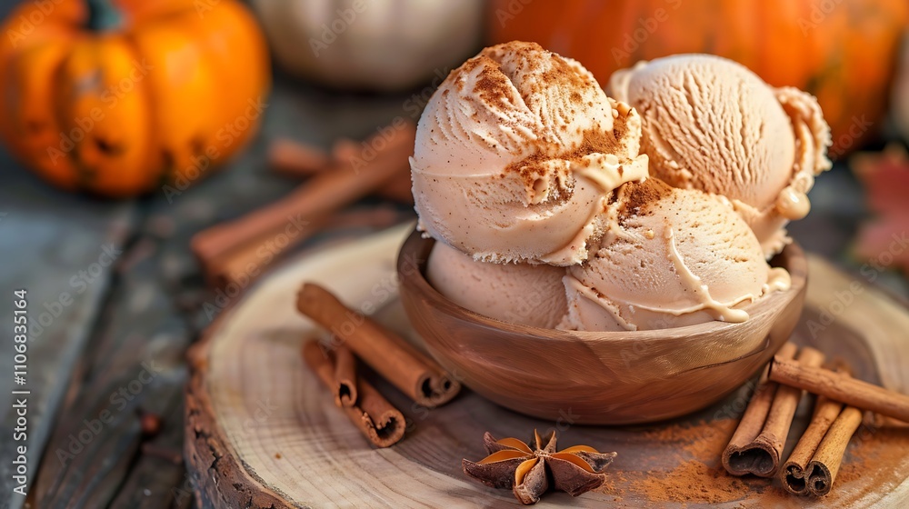 Pumpkin spice ice cream with cinnamon sticks on a wooden board surrounded by pumpkins Pumpkin spice ice cream with cinnamon sticks on a wooden board surrounded by pumpkins