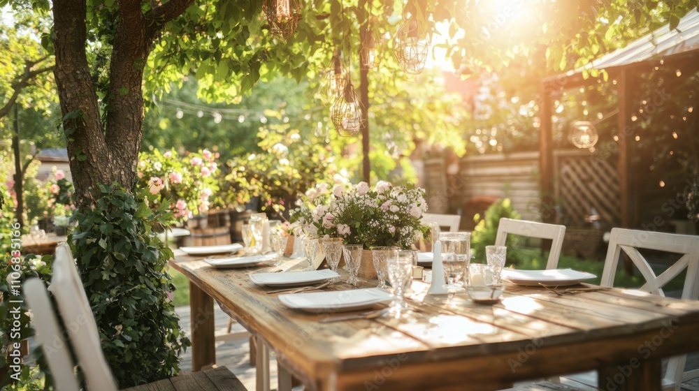 Fototapeta premium Intimate Outdoor Micro Wedding Brunch: Elegant Table Setting Amidst Blooming Flowers in Sunlit Garden - Joyful Celebration Concept