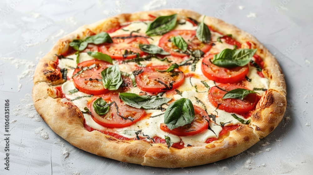 Tasty Caprese pizza with tomatoes, mozzarella, and basil on a light gray surface Tasty Caprese pizza with tomatoes, mozzarella, and basil on a light gray surface