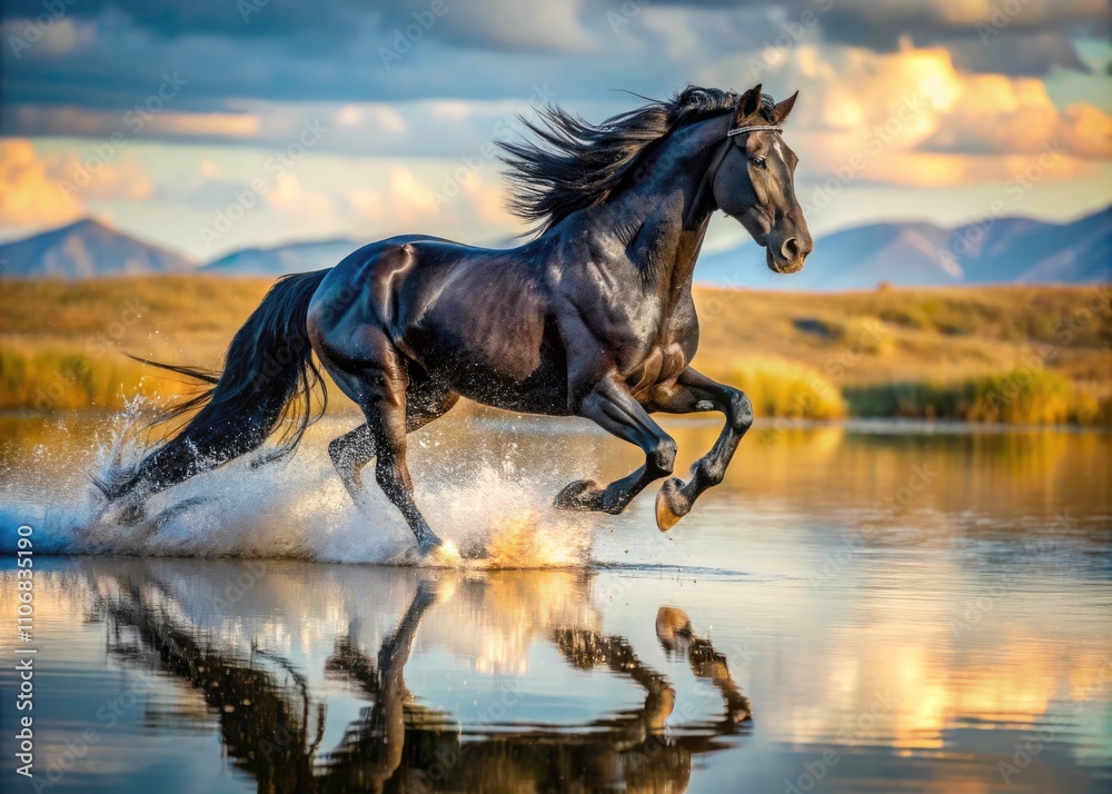 Aerial Photography of a Trotting Black Horse in Water - Stunning Nature Scene, Majestic Equine Movement, Vibrant Reflections, Dynamic Water Splash, Serene Landscape, Outdoor Adventure Aerial Photography of a Trotting Black Horse in Water - Stunning Nature Scene, Majestic Equine Movement, Vibrant Reflections, Dynamic Water Splash, Serene Landscape, Outdoor Adventure