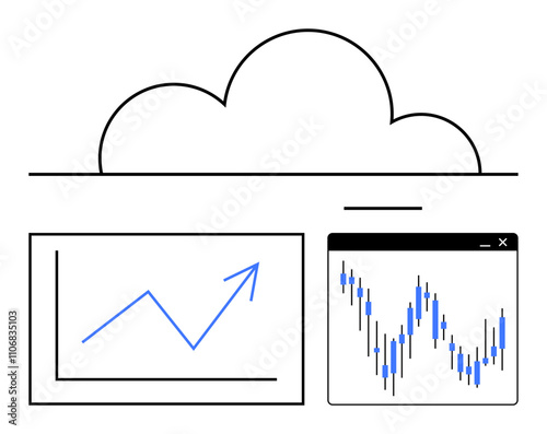 Cloud with rising trend graph and candlestick chart. Ideal for data analytics, finance, cloud computing, business trends, market studies, technology, educational content. Line metaphor