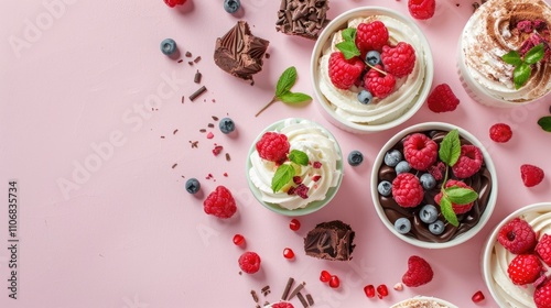 Assorted raw vegan desserts on pink backdrop with room for text photo