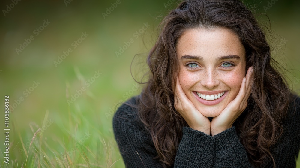 Happy Woman Smiling Outdoors Portrait Green Background Natural Beauty Joyful Expression Happy Woman Smiling Outdoors Portrait Green Background Natural Beauty Joyful Expression