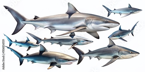 Collection of Grey Reef Sharks Isolated on a White Background for Urban Exploration Photography and Marine Life Studies, Ideal for Educational and Scientific Use