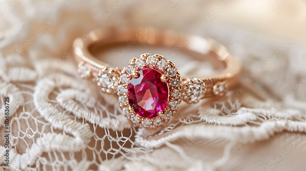 Fototapeta premium Rose gold ring with ruby accents placed on lace pillow