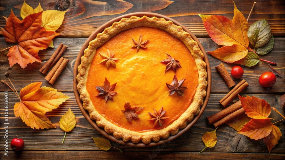 Autumn Delight: Homemade Sweet Potato Pie with Golden Crust Surrounded by Colorful Autumn Leaves - Perfect Seasonal Dessert Photography Autumn Delight: Homemade Sweet Potato Pie with Golden Crust Surrounded by Colorful Autumn Leaves - Perfect Seasonal Dessert Photography