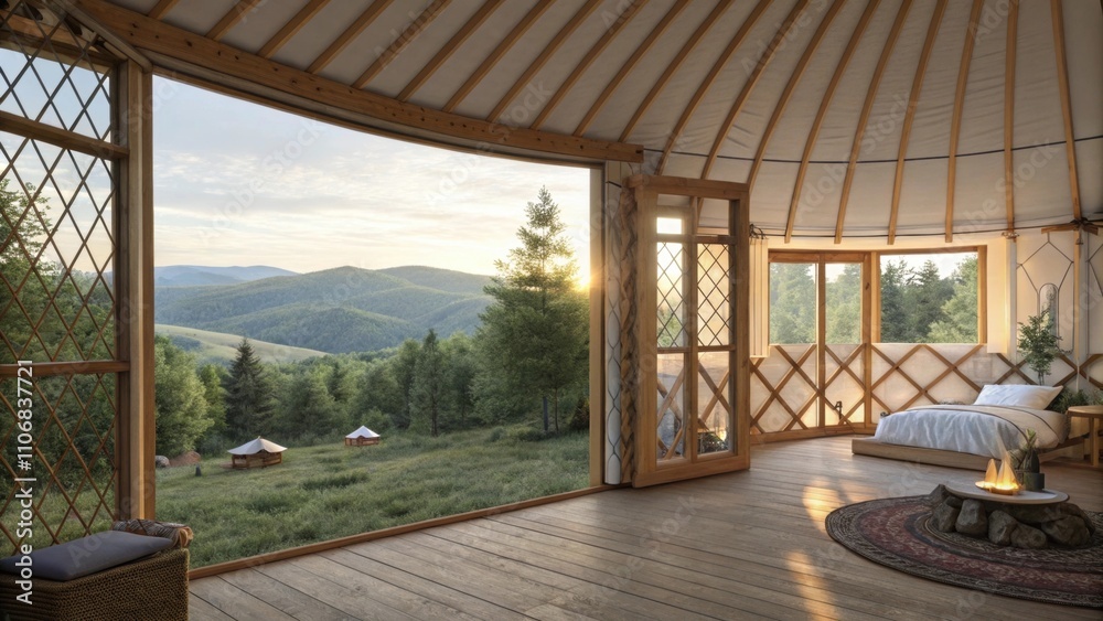 Obraz premium Cozy yurts with canvas walls and natural wood interiors offering panoramic windows that invite sunlight and scenic views inside.