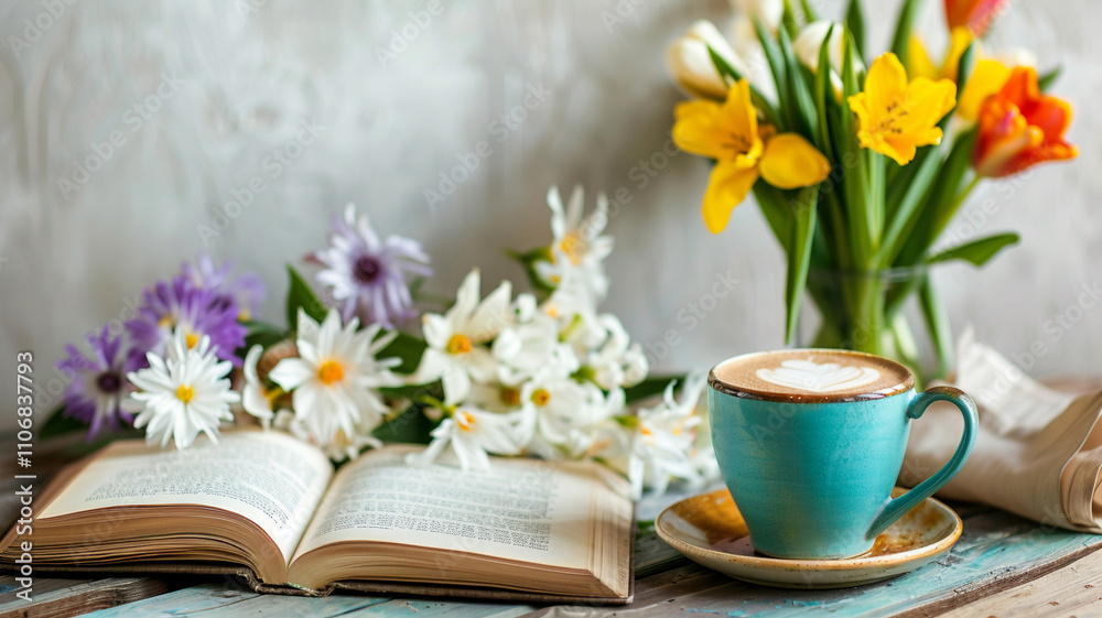 カラフルな明るい春の花と読書、コーヒーの時間をイメージした素材,仕事,在宅,部屋,リラックス,休暇 カラフルな明るい春の花と読書、コーヒーの時間をイメージした素材,仕事,在宅,部屋,リラックス,休暇