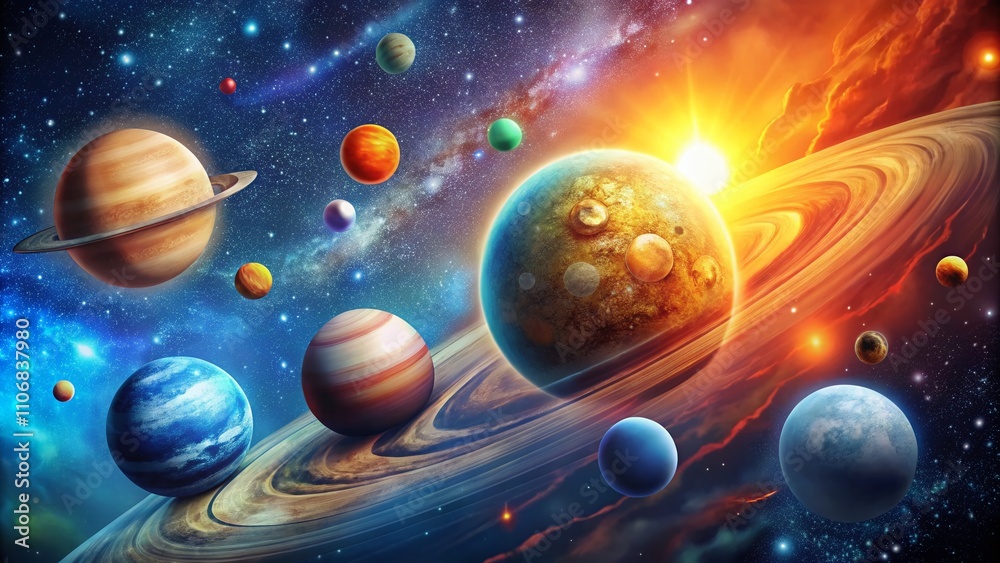Colorful Cartoon Solar System Planets Including the Sun, Earth, Moon, Mars, Venus, and Saturn in a Cosmic Universe Concept for Astronomy Studies and Celestial Bodies Exploration Colorful Cartoon Solar System Planets Including the Sun, Earth, Moon, Mars, Venus, and Saturn in a Cosmic Universe Concept for Astronomy Studies and Celestial Bodies Exploration