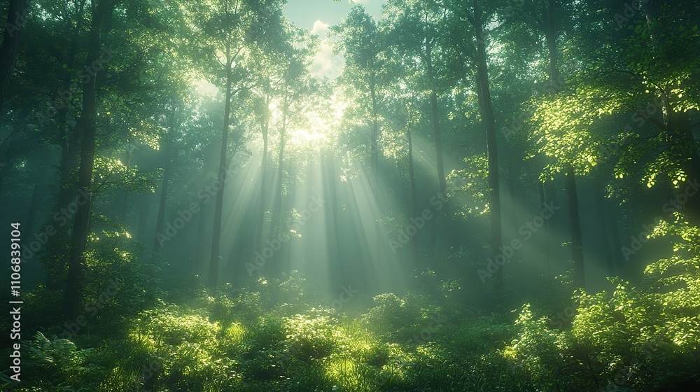 A lush green forest with tall trees is bathed in dappled light, created by sunlight filtering through the leaves A lush green forest with tall trees is bathed in dappled light, created by sunlight filtering through the leaves