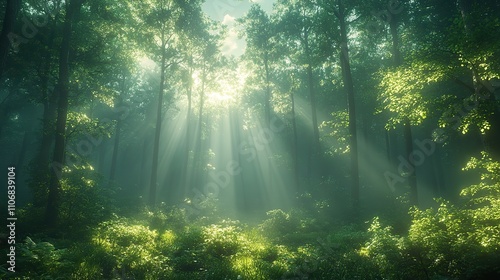 A lush green forest with tall trees is bathed in dappled light, created by sunlight filtering through the leaves