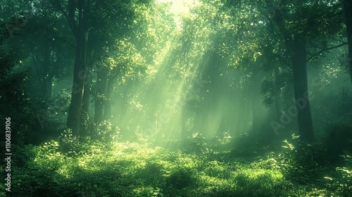 A lush green forest with tall trees is bathed in dappled light, created by sunlight filtering through the leaves