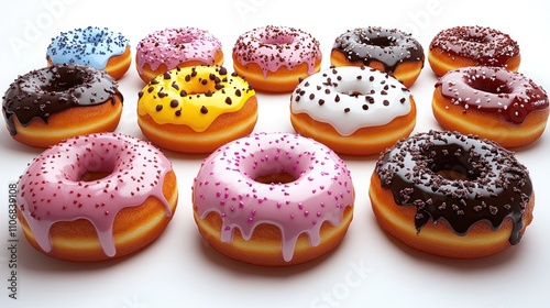 Colorful donuts with various toppings arranged on a white surface.