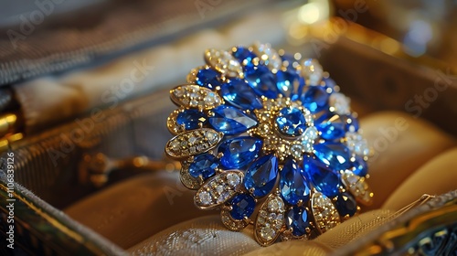 Sapphire studded brooch gleaming in vintage jewelry box