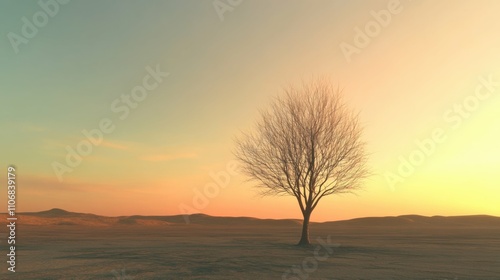 single leafless tree in desert, flat landscape, warm colors, isolated sky, minimalist and serene, soft sand textures, calm and empty, sense of peace and isolation