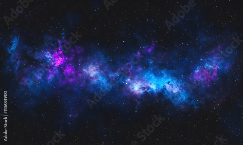 Stunning cosmic nebula, vibrant blue and purple hues, stellar dust and gas clouds across a dark night sky, perfect for science fiction, space exploration, or fantasy themes.