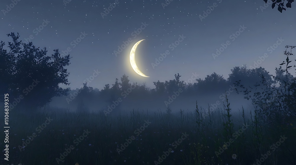 Naklejka premium A crescent moon glowing softly over a misty meadow with faint starlight above
