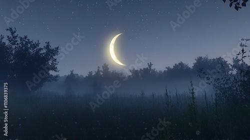 A crescent moon glowing softly over a misty meadow with faint starlight above photo