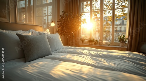 A luxurious hotel bed with white linens and grey pillows bathed in sunlight through a window