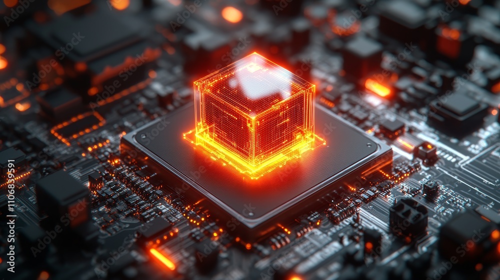 Glowing Cube on a Circuit Board with Electrical Traces and Components Glowing Cube on a Circuit Board with Electrical Traces and Components