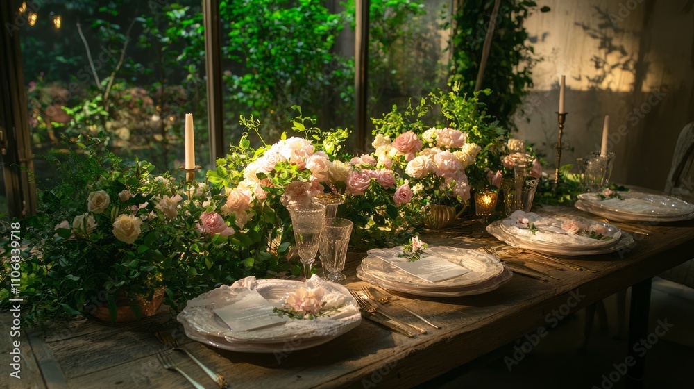 Intimate Micro Wedding Elegance: Exquisite Table Setting with Romantic Floral Decor and Soft Lighting for Small Reception Celebration Intimate Micro Wedding Elegance: Exquisite Table Setting with Romantic Floral Decor and Soft Lighting for Small Reception Celebration