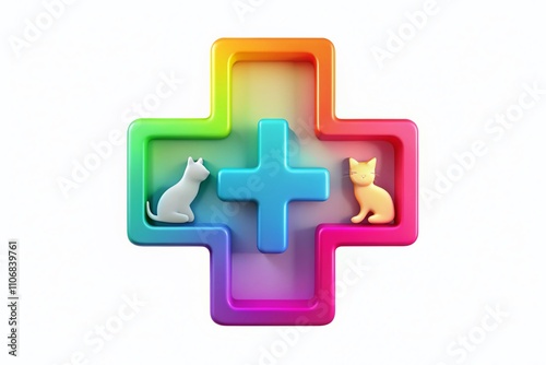 Colorful Minimalist Veterinary Clinic Symbol Featuring Cat and Cross for Pet First Aid, Artistic 3D Render on White Background for Veterinary Care and Animal Health Concepts