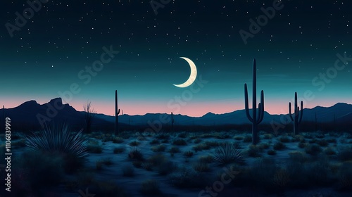 A crescent moon hanging low over a quiet desert landscape with scattered cacti photo