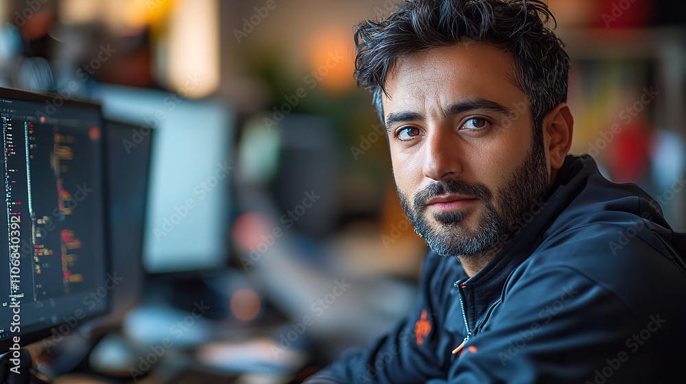 A male IT worker sitting at his desk, checking data on multiple monitors A male IT worker sitting at his desk, checking data on multiple monitors