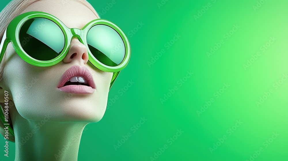 Stylish Woman in Green Sunglasses Bright Green Background Fashion Portrait Stylish Woman in Green Sunglasses Bright Green Background Fashion Portrait