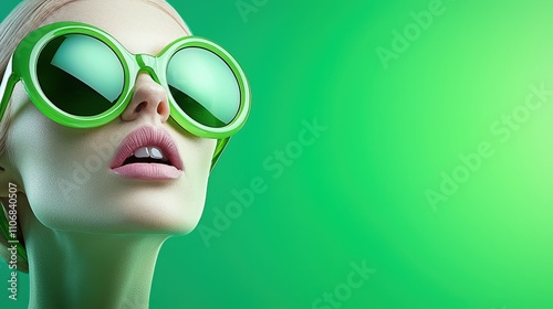 Stylish Woman in Green Sunglasses Bright Green Background Fashion Portrait