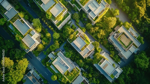 aerial view of sustainable city design with greenery, urban gardens, modern housing, eco-friendly aesthetic, futuristic concept