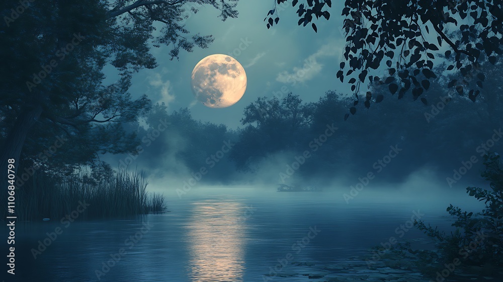 Naklejka premium The moon rising over a tranquil forest with soft mist filling the air
