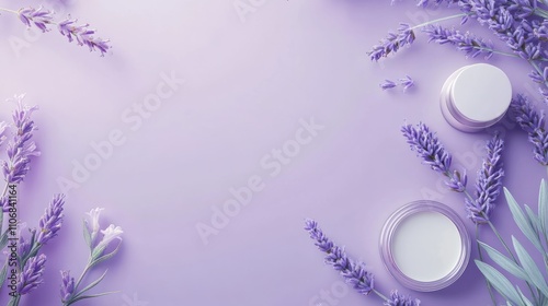 Banner with lavender beaty and self-care products for body and skin care over purple background with copy space. Natural lavender cosmetics for beauty treatments, eco living concept. Flat lay style photo