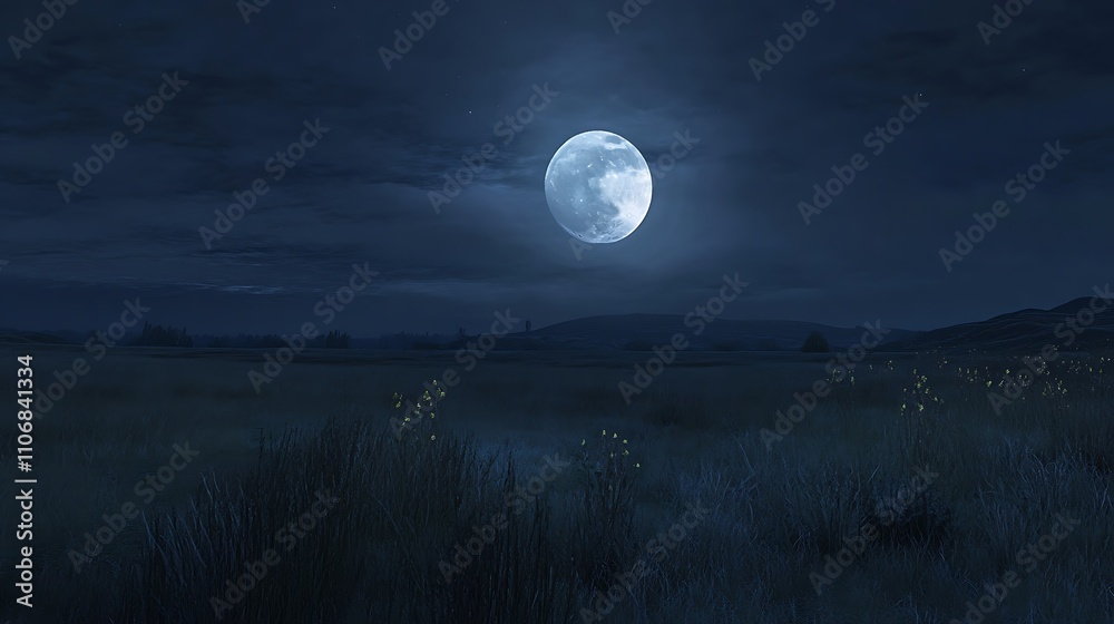 Naklejka premium The moon casting a silvery light over a peaceful countryside field at night