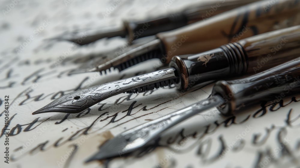 Fototapeta premium Timeless Elegance: A Close-Up of Artistic Fountain Pens on Vintage Manuscript