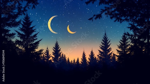 Silhouettes of pine trees against a glowing crescent moon in a clear night sky photo