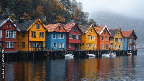 Colorful wooden houses lined along a waterfront, reflecting autumn hues in a misty landscape.