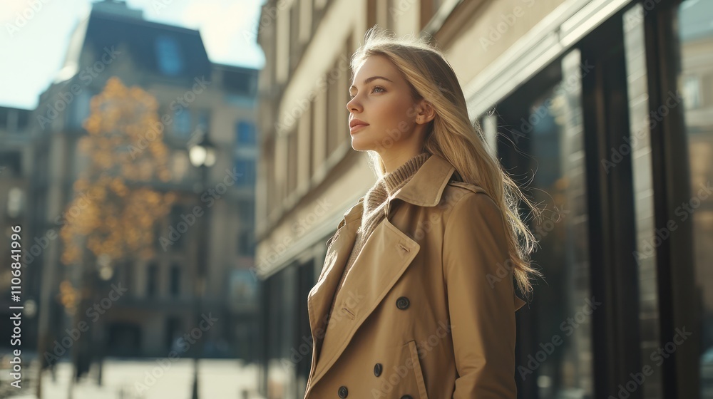 Beautiful Young Stylish Girl in Trench Coat Walking Autumn or Spring street. Autumn outdoor fashion. Beautiful Young Stylish Girl in Trench Coat Walking Autumn or Spring street. Autumn outdoor fashion.