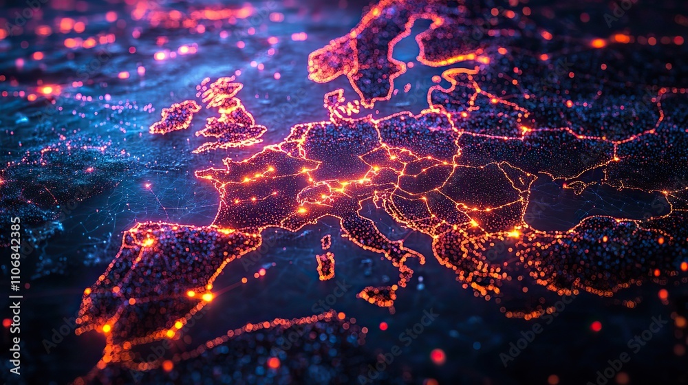 A map of Europe with glowing lines connecting countries, symbolizing global network connectivity and communication A map of Europe with glowing lines connecting countries, symbolizing global network connectivity and communication