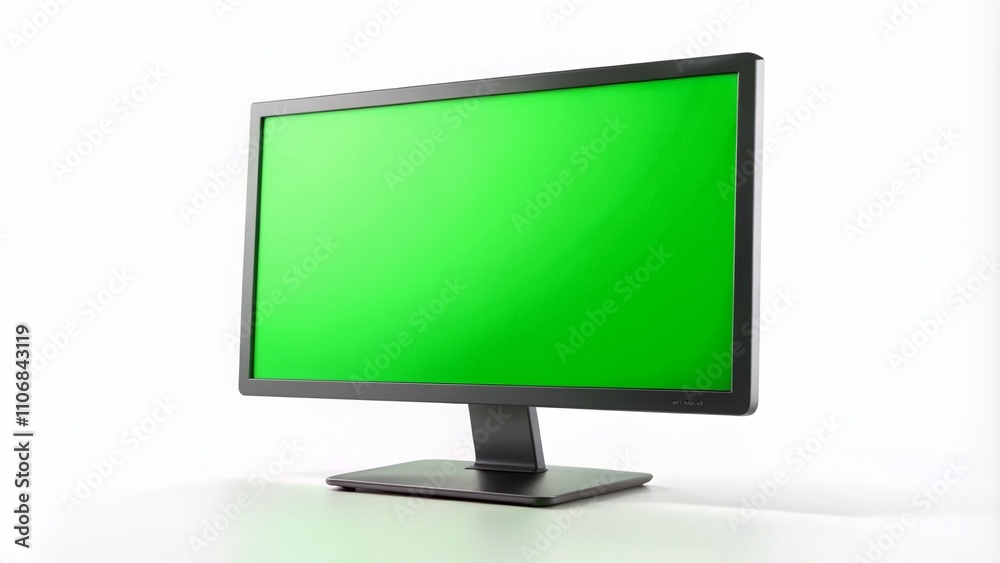 Computer Monitor Mockup with Green Chroma Key Screen on Isolated White Background for Creative Projects and Digital Presentations