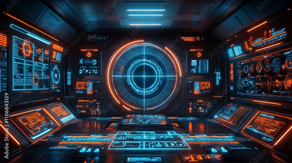 Futuristic Control Room with Glowing Interface and Circular Display Futuristic Control Room with Glowing Interface and Circular Display
