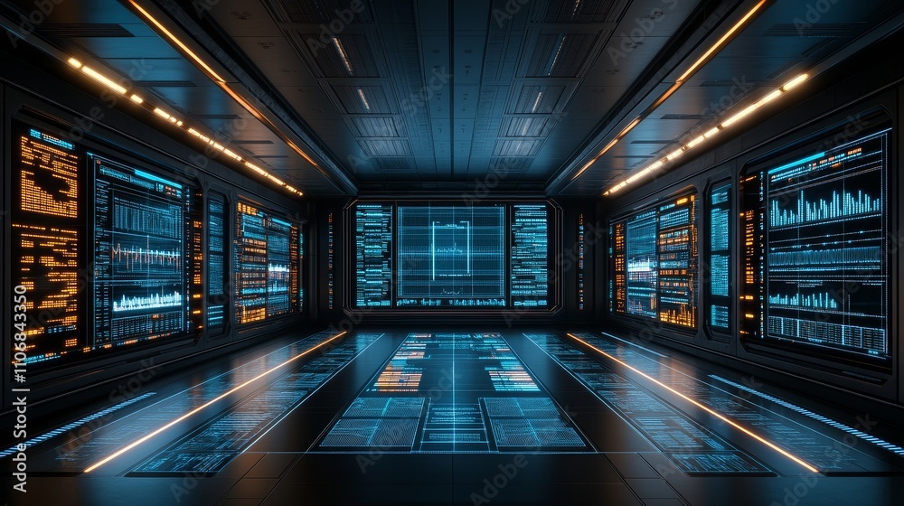 Fototapeta premium Futuristic Control Room with Multiple Monitors Displaying Data and Graphs