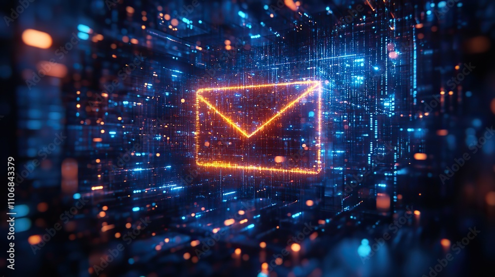 A message envelope icon glowing in blue on an abstract background, symbolizing communication A message envelope icon glowing in blue on an abstract background, symbolizing communication