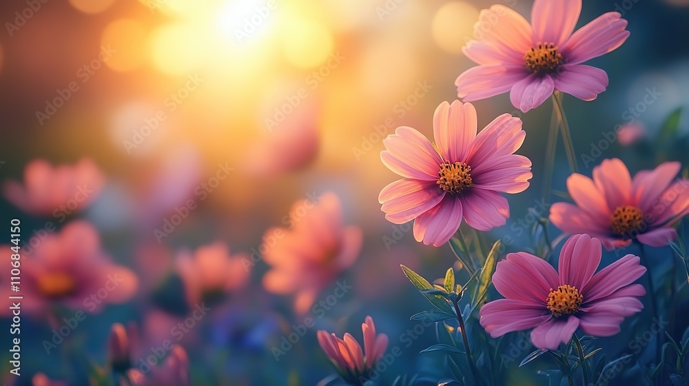A misty morning sunrise over a meadow is captured in vibrant colors, with wildflowers in bloom and a serene atmosphere A misty morning sunrise over a meadow is captured in vibrant colors, with wildflowers in bloom and a serene atmosphere
