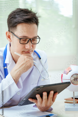 A male doctor wearing glasses sits at a desk in a hospital, explaining eye diseases like glaucoma, cataracts, pterygium, and diabetic retinopathy. Early detection helps prevent vision loss photo