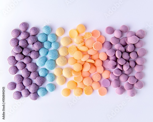 Colorful clusters of round candies arranged in pastel shades, showcasing a delightful assortment of textures and hues.