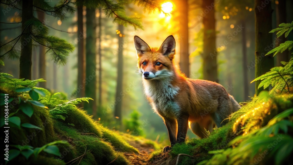 Naklejka premium Low Light Photography of a Fox in the Enchanted Forest of Bohemian Moravian Highlands, Capturing Nature's Serenity and Wildlife Beauty in Twilight Conditions
