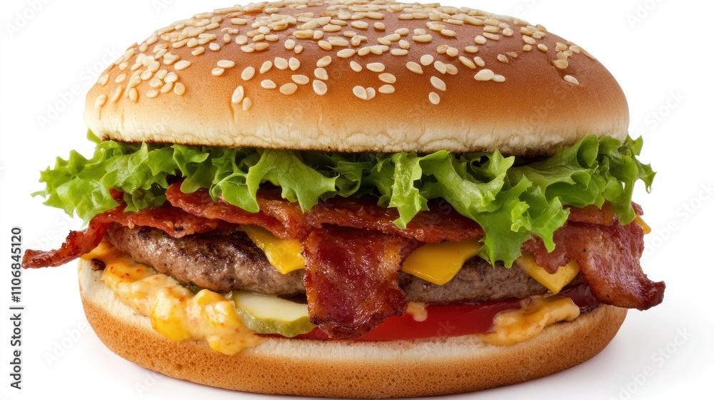Close-up of a bacon cheeseburger with lettuce, tomato, and sesame seed bun Close-up of a bacon cheeseburger with lettuce, tomato, and sesame seed bun