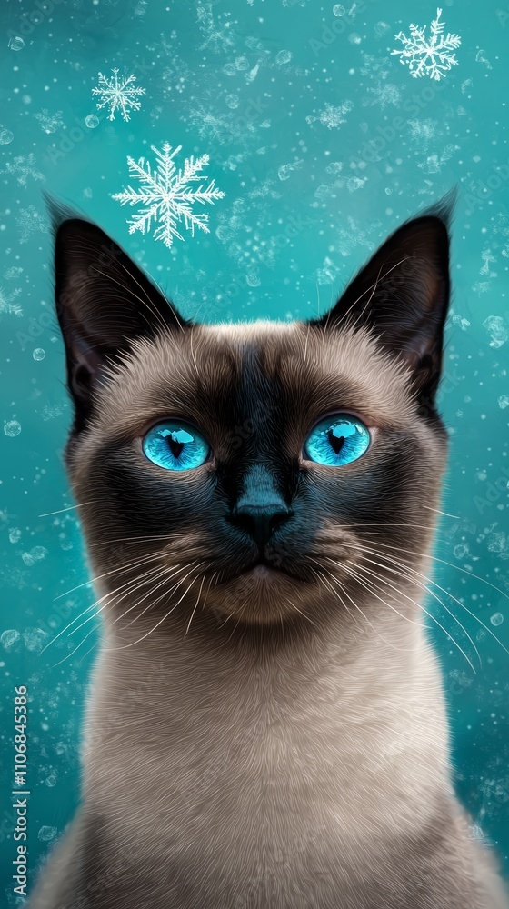 Fototapeta premium A striking Siamese cat with bright blue eyes, set against a teal backdrop adorned with snowflakes, capturing a wintery, enchanting vibe.